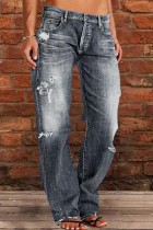 Grå Casual Solid Ripped Patchwork Mid Waist Regular Denim Jeans