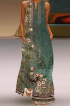 Чернильный Зеленый Повседневный Принт Базовое длинное платье с V-образным вырезом Платья