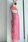 Розово-красный сексуальный однотонный купальник с открытой спиной и разрезом, прикрытие