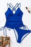 Blaue, sexy, einfarbige, rückenfreie Badebekleidung mit Kordelzug und Frenulum (mit Polsterung)