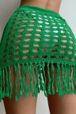 Green Sexy Solid Tassel évidé Frenulum See-through Slit Swimwears Cover Up