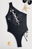 Zwarte Sexy Effen Uitgeholde Frenulum Rugloze Zwemkleding (Met Paddings)