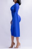 Vestidos de falda lápiz con cuello en V y abertura sólida informal azul