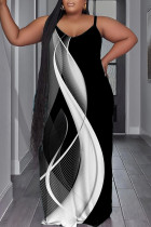 Черное сексуальное повседневное длинное платье с открытой спиной и бретельками с принтом Платья больших размеров