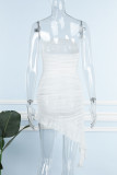 White Sexy Street Party Solid Patchwork Flounce Mesh Strapless Asymmetrical Dresses