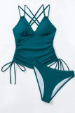 Blue Sexy Solid Draw String Frenulum Backless Swimwears (With Paddings)