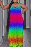 ローズレッドセクシーカジュアルプリントバックレススパゲッティストラップロングドレスプラスサイズドレス