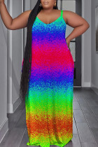 カラー セクシー カジュアル プリント バックレス スパゲッティ ストラップ ロング ドレス プラス サイズ ドレス