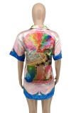 Top colletto camicia patchwork stampa casual multicolore