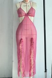 Roupa de banho com fenda sexy vermelho rosa sólido sem costas