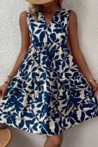 ネイビー ブルー カジュアル プリント パッチワーク V ネック ノースリーブ ドレス ドレス