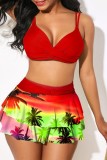 Rose Red Sexy Print Patchwork Backless Swimwears (With Paddings)