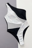 Zwart sexy patchwork doorzichtige badkleding zonder rug (met vulling)