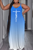 Blue Sexy Casual Print Backless Spaghetti Strap Long Dress Plus Size Dresses
