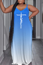 Lichtblauwe sexy casual print rugloze lange jurk met spaghettibandjes Grote maten jurken