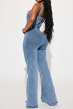 Blauw Sexy Casual Effen Patchwork Ruglooze spaghettibandjes Mouwloos Hoge taille Normale spijkerjumpsuits