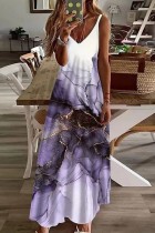 Purple Casual Print Basic Spaghetti Strap Long Dress Dresses