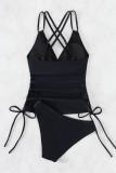 Black Sexy Solid Draw String Frenulum Backless Swimwears (With Paddings)