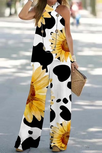 Black White Casual Print Backless Halter Sleeveless Two Pieces
