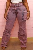 Jeans in denim regolari a vita alta patchwork tinta unita casual marroni