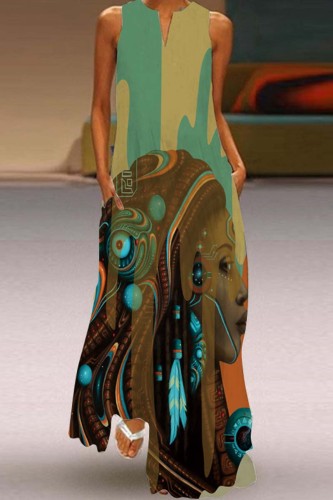 Ink Green Casual Print Basic V Neck Long Dress Dresses