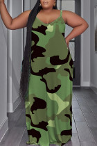 Vestido longo verde militar com estampa sexy sem costas e alças finas