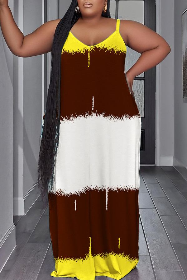 ブラウン セクシー カジュアル プリント バックレス スパゲッティ ストラップ ロング ドレス プラス サイズ ドレス