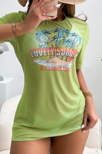 Green Yellow Casual Print Basic Swimsuit Three Piece Set (With Paddings)