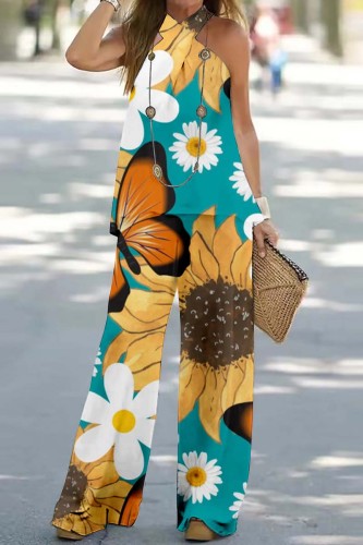 Cyan Casual Print Backless Halter Sleeveless Two Pieces