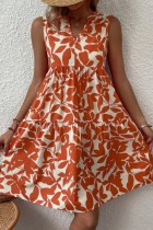 Oranje casual print patchwork V-hals mouwloze jurkjurken