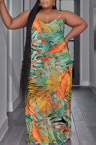 Зеленое оранжевое сексуальное длинное платье с открытой спиной и бретельками с принтом Платья больших размеров