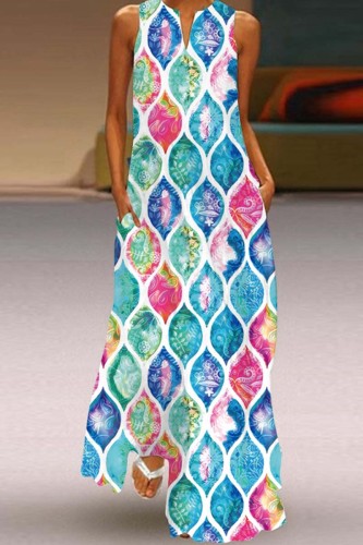 Light Blue Casual Print Basic V Neck Long Dress Dresses