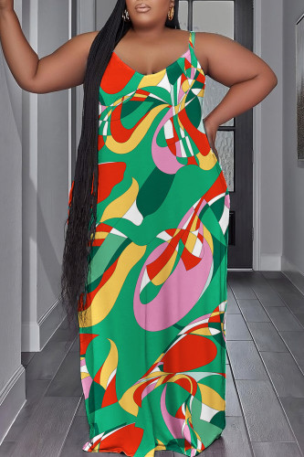 Red Green Sexy Casual Print Backless Spaghetti Strap Long Dress Plus Size Dresses