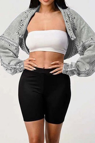 Light Blue Casual Patchwork Rivets Cardigan Turndown Collar Long Sleeve Regular Denim Jacket