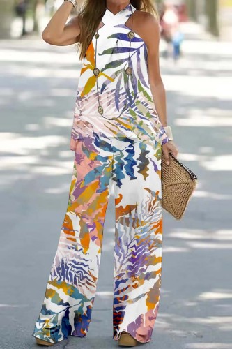 White Orange Casual Print Backless Halter Sleeveless Two Pieces