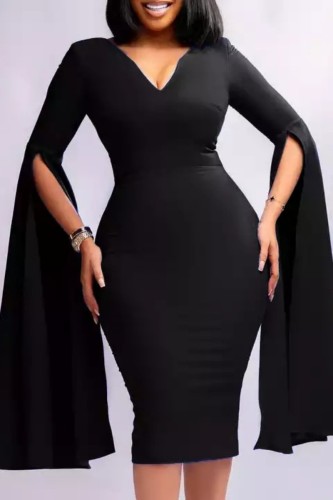 Black Casual Solid Slit V Neck Pencil Skirt Dresses