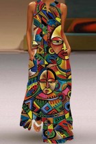 Multicolor Casual Print Basic V-hals långa klänningar