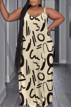 Абрикосовое сексуальное повседневное длинное платье с принтом и открытой спиной на тонких бретелях Платья больших размеров