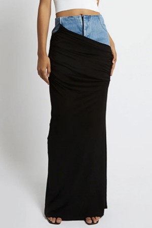 Black Casual Patchwork Solid Contrast High Waist Skinny Denim Maxi Skirts