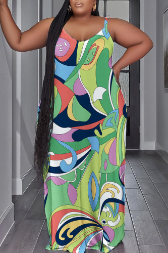 Green Sexy Casual Print Backless Spaghetti Strap Long Dress Plus Size Dresses