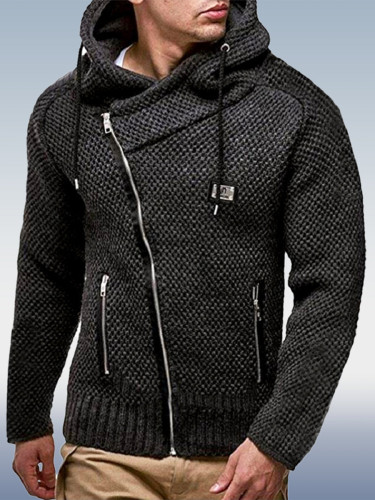 Suéter de tricô masculino preto com capuz e zíper diagonal