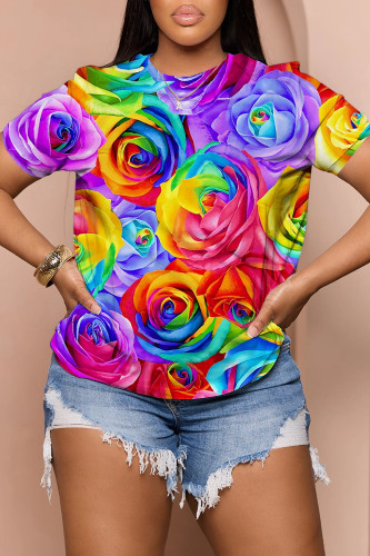 Multicolor Casual Gradual Change Print Basic O Neck T-Shirts