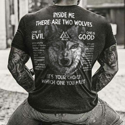 Camiseta de ginástica masculina com estampa de letra Viking Inside Me existem dois lobos