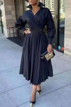 Black Casual Solid Patchwork V Neck Pleated Dresses