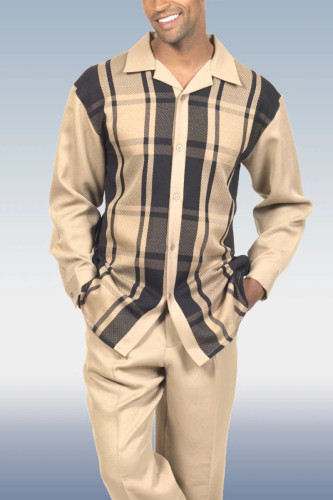 Light Khaki Men's Contrast Color Long Sleeve Walking Suit 031