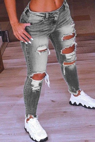 Grey Casual Solid Ripped Plus Size Jeans