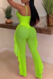Fluorescent Green Sexy Solid Hollowed Out See-through Backless Swimwears