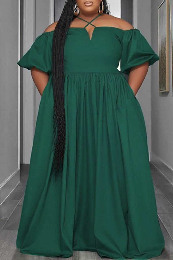Grünes, lässiges, einfarbiges, schulterfreies, langes Kleid in Übergröße