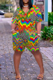 Multicolor Rainbow Casual Tie-dye Print Patchwork V Neck Regular Wide Leg Romper