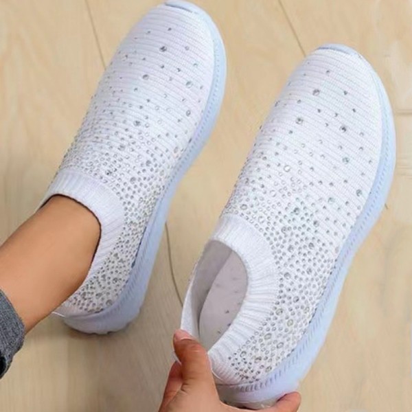 Sapatos casuais brancos com patchwork de strass redondos e confortáveis ​​para sair